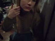 Fast blowjob on storage Cum on dirty mirror and she's lick it off 11/16