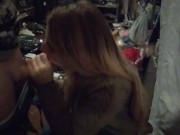 Fast blowjob on storage Cum on dirty mirror and she's lick it off 9/16