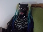 Miss Maskerade Latex doll blowjob dildo in full rubber and hood. 15/16