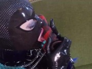 Miss Maskerade Latex doll blowjob dildo in full rubber and hood. 16/16