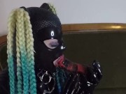 Miss Maskerade Latex doll blowjob dildo in full rubber and hood. 3/16