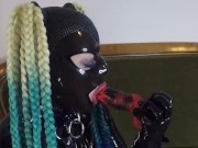 Miss Maskerade Latex doll blowjob dildo in full rubber and hood. 5/16