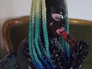 Miss Maskerade Latex doll blowjob dildo in full rubber and hood. 6/16