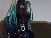 Miss Maskerade Latex doll blowjob dildo in full rubber and hood. 7/16