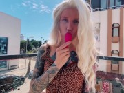 Sexy Blonde Play Pussy Sex Toy in the Public Cafe 7/16