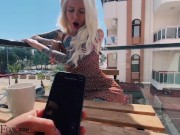 Sexy Blonde Play Pussy Sex Toy in the Public Cafe 9/16