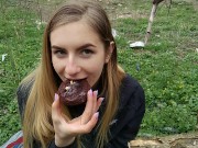 Eating cookie with sperm public park deepthroat blowjob and new sex toy