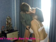 Husband rings doorbell while wife does blowjob to neighbor on stepladder! 15/16