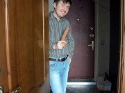 Husband rings doorbell while wife does blowjob to neighbor on stepladder! 2/16