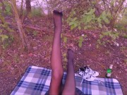 Perv Spies on Pantyhose Babe in Forest & Gets a Blowjob & Footjob Outdoors 4/16
