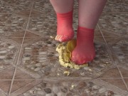 Fat legs in socks ruthlessly trample banana. Crush Fetish, foot fetish. 10/16