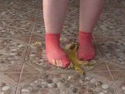 Fat legs in socks ruthlessly trample banana. Crush Fetish, foot fetish. 12/16