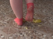 Fat legs in socks ruthlessly trample banana. Crush Fetish, foot fetish. 14/16