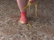 Fat legs in socks ruthlessly trample banana. Crush Fetish, foot fetish. 16/16