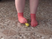 Fat legs in socks ruthlessly trample banana. Crush Fetish, foot fetish. 2/16