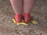 Fat legs in socks ruthlessly trample banana. Crush Fetish, foot fetish. 6/16