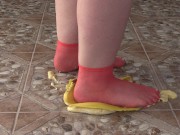 Fat legs in socks ruthlessly trample banana. Crush Fetish, foot fetish. 7/16