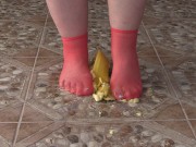 Fat legs in socks ruthlessly trample banana. Crush Fetish, foot fetish. 8/16