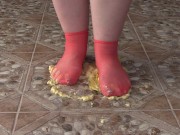 Fat legs in socks ruthlessly trample banana. Crush Fetish, foot fetish. 9/16