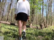 Beautiful woman walking nude with a clit pump outdoors in a public forest 2/16