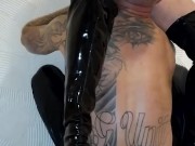 Dominatrix Katrix piss in latex boots on her slave.Best polish copule. 10/16