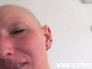 Submissive Bald Headed Slave Girl Enjoys Sloppy Deepthroat And Cum In Eye 3/16
