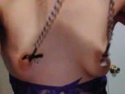 Daddy Bought Tiny Titties Camgirl Nipple Clamp Collar Purple Lingerie 12/16