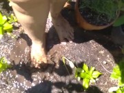 Very Hairy Hirsute Camgirl Shows Hairy Girl Legs Outside in Garden Splashes Muddy Wet Dirty Puddle 11/16