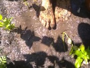 Very Hairy Hirsute Camgirl Shows Hairy Girl Legs Outside in Garden Splashes Muddy Wet Dirty Puddle 16/16