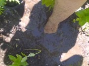Very Hairy Hirsute Camgirl Shows Hairy Girl Legs Outside in Garden Splashes Muddy Wet Dirty Puddle 7/16