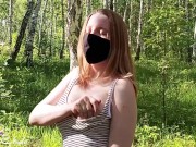 Masked Babe Fingering Pussy in Gloves and Orgasm Outdoor in the Forest 4/16
