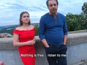 HUNT4K. Sweet pale-skinned lady in red dress gets fucked in front of her dadd 3/16