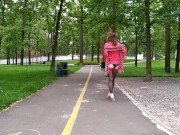 Sluty teen girl  walks in the park in a micro dress without panties (upskirt, no panties, stockings) 1/16