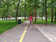 Sluty teen girl  walks in the park in a micro dress without panties (upskirt, no panties, stockings) 2/16