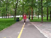 Sluty teen girl  walks in the park in a micro dress without panties (upskirt, no panties, stockings) 3/16