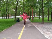 Sluty teen girl  walks in the park in a micro dress without panties (upskirt, no panties, stockings) 4/16