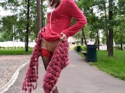 Sluty teen girl  walks in the park in a micro dress without panties (upskirt, no panties, stockings) 7/16