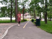Sluty teen girl  walks in the park in a micro dress without panties (upskirt, no panties, stockings) 8/16