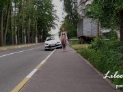 Crazy exhibitionist naked walks around the city. No panties, risky. 1/16