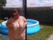 SSBBW tiny bikini shower, the water runs over my sexy fat body in slow motion! 5/16