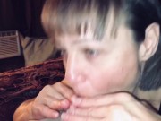 Mature cougar wife sucking off young man again. Cums hard in her mouth  8/16
