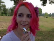 Hot pink hair teen with butt plug in public park, flashing, riding bicycle and sucking dick PREVIEW 9/16