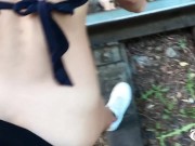 Pink-haired Babe Public Blowjob and Hardcore Sex on Train Rails - Outdoor 13/16