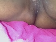 Horny ebony MILF moaning of pleasure wiuth her new toy and have multiple squirts on her bed 9/16