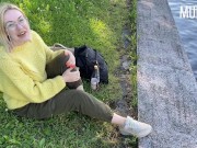 Cumshot in the mouth of a webcam girl for money in a public Park | / Murstar 5/16