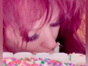 Birthday cake and champagne bottle smashed, sucked, and fucked. 6/16