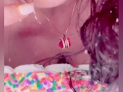 Birthday cake and champagne bottle smashed, sucked, and fucked. 8/16