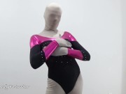 Putting on a leotard over a padlocked zentai 15/16