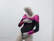 Putting on a leotard over a padlocked zentai