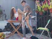 Invited a real prostitute in fishnet tights to cottage and fucked hard